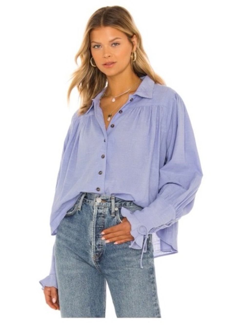 Free People Kiss Kiss Blue Lavender Button-Front Balloon Sleeve Blouse